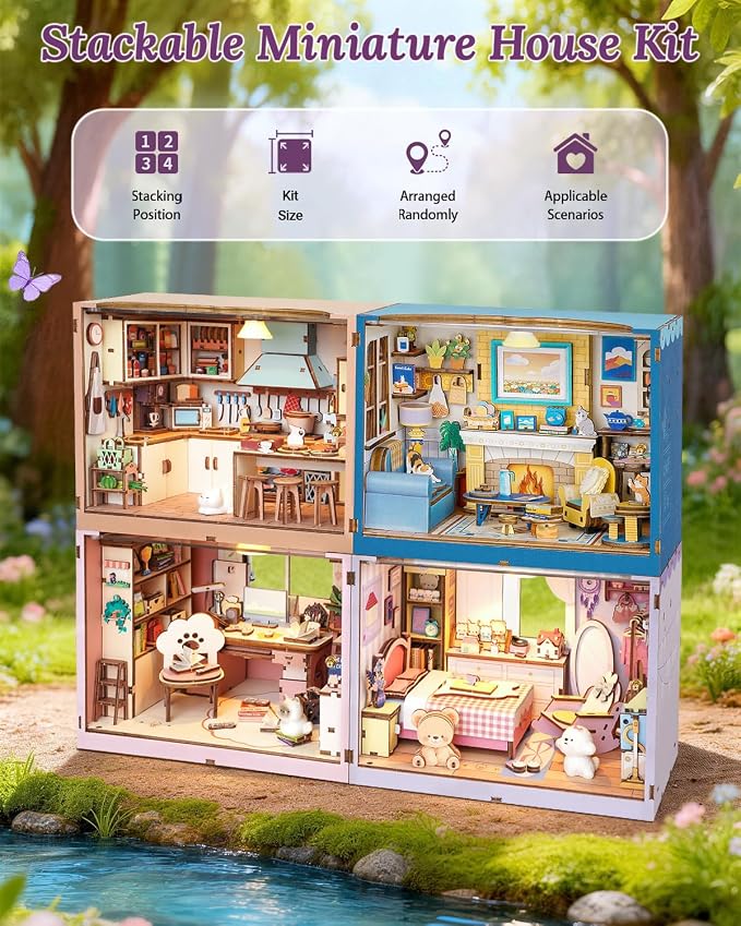 DIY Miniature House Kit-Bedroom, 3D Wooden Puzzles with LED Light Tiny House Mini House Building Kit for Adults, Wooden Adults Crafts Home Decor Gifts for Parents Friends
