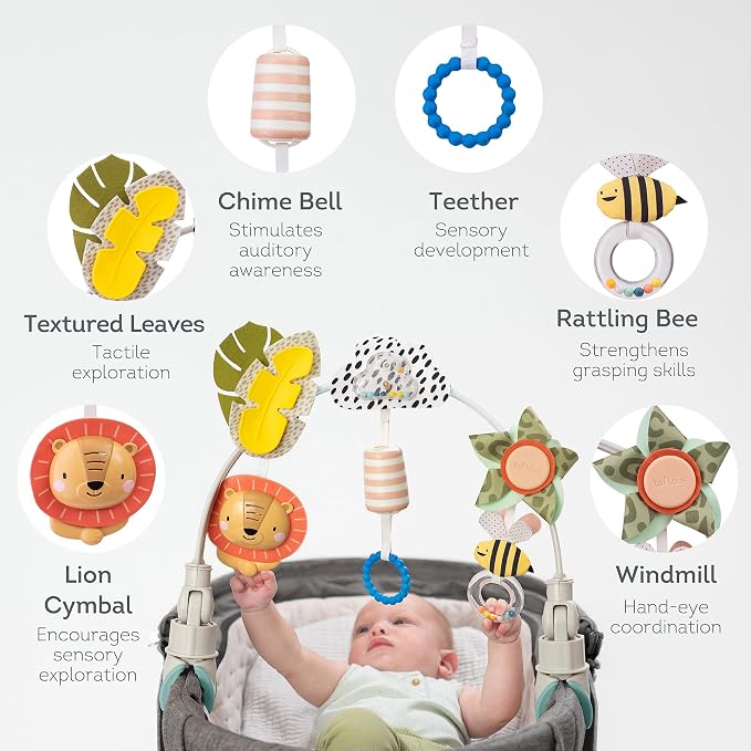 Taf Toys Savannah Baby Stroller Arch Toy, Car Seat Toys, Adjustable Stroller Toy with Hanging Sensory Activity Toys, Fits Bassinets, Cribs, Baby Bouncers, Infant Toys for Boy Girl 0-18 Months