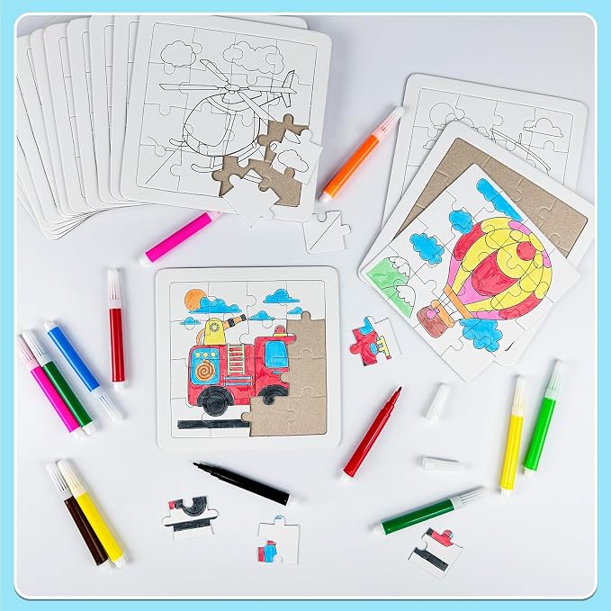 Cinrobiye 24 Pcs Transportation Coloring Puzzle Craft Kit for Kids, DIY Traffic Vehicle Jigsaw Puzzles Bulk with 12 Designs, Construction Truck Birthday Party Favors, Classroom Art Activities