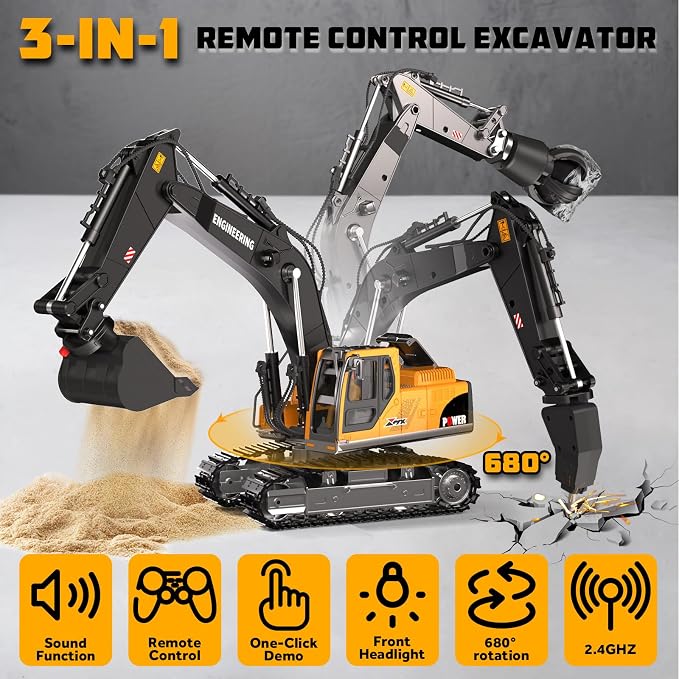 GraceDuck Remote Control Excavator and Dump Truck Toys Set, RC Construction Vehicles Toy with Alloy Bucket, Rock Breaker, Grapples, Lights and Sounds, Christmas Birthday Gifts for Boys Age 3+