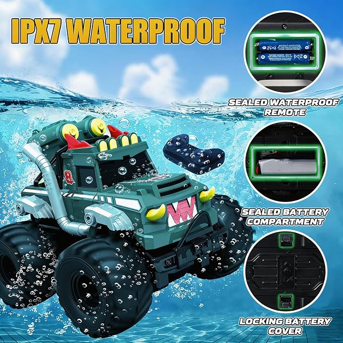 Remote Control Car, Amphibious Monster Trucks for Boys Age 4-7, 1:18 4WD All Terrain Waterproof Monster Truck Toys, 2.4GHz RC Boat W/2 Batteries, Birthday Gift for Kids Ages 6-12 Years Old