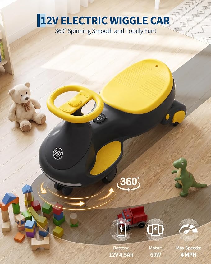 Garvee 12V Electric Wiggle Car for Kids, 2 in 1 Swing Car with Pedal, Anti-Rollover, Max Load 130Lbs,Flashing Wheels, Music,Rechargeable Battery Ride on Toy Indoor Outdoor for Toddlers, Black