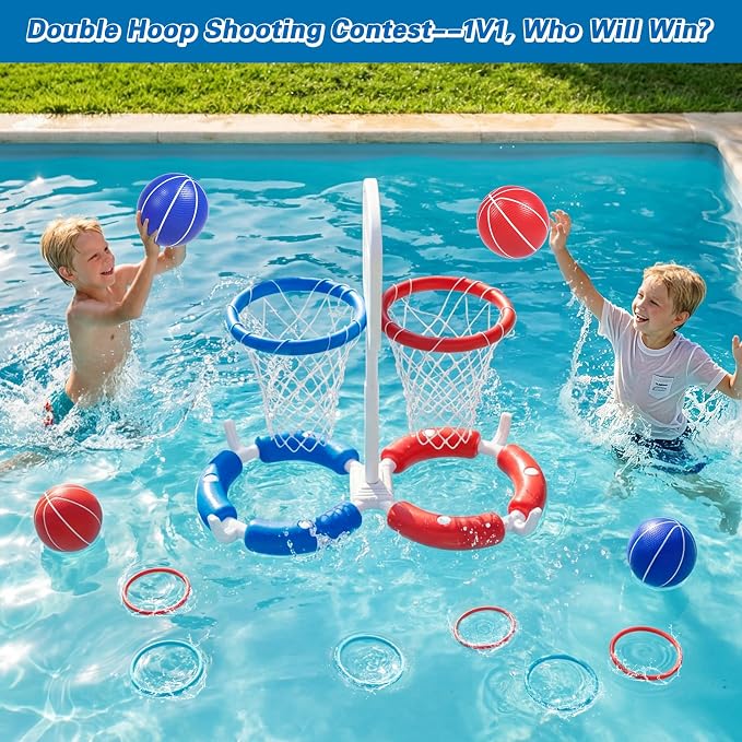 Double Pool Basketball Hoop with Backboard &Ring Toss Game, 2-in-1 Floating Pool Toy with 4 Balls 8 Rings&Pump,2 Player Games Summer Activities for Kids 5-8 8-12& Adult,Outdoor Swimming Party Gifts