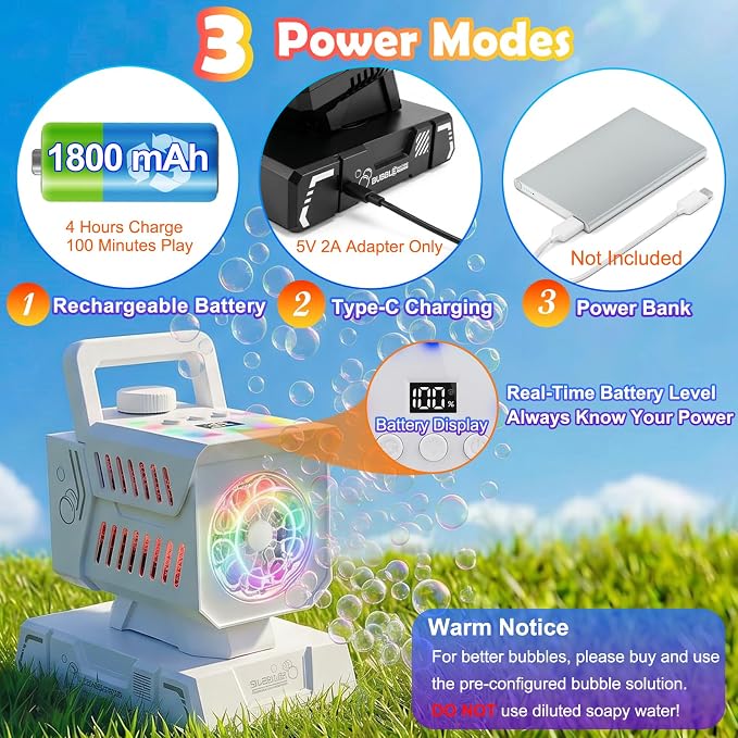 Bubble Machine for Kids, Rechargeable Bubble Blower with Remote & RGB Lights, Automatic Rotating Battery Bubble Maker for Birthday Parties, Weddings, Outdoor Activities