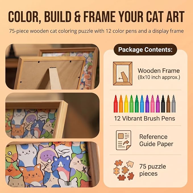 Wooden Cat Coloring Puzzle, 75-Piece DIY Kitties Jigsaw Craft with Frame and 12 Color Pens, Paintable Wood Board for Adults, Kids, Cat Lovers, Family Activity, Home Decor (Kitty)