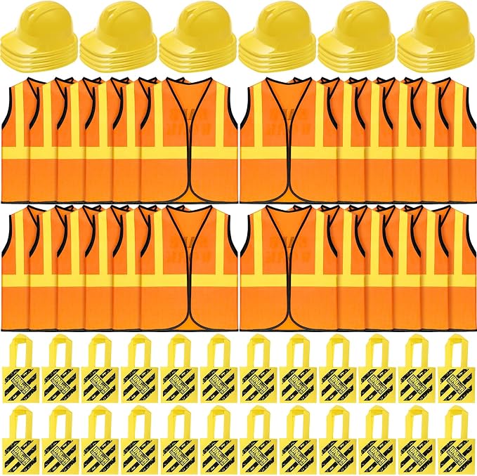 Hillban 72 Pcs Kids Construction Worker Costume, Construction Vests Set for Kids Including 24 Vests 24 Hats and 24 Tote Bags Theme Birthday Party Supplies for Birthday Party Costume Favor