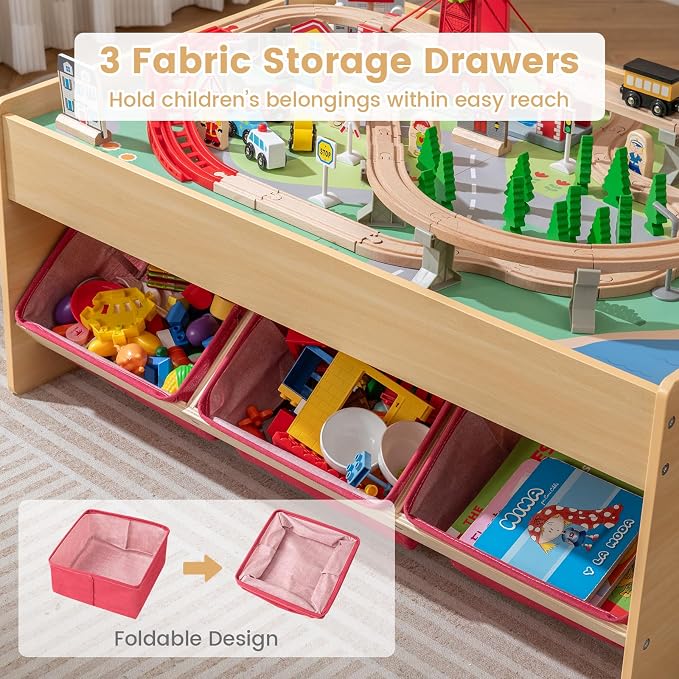 HONEY JOY Train Table, Wooden Kids Activity Table with 3 Storage Bins, 94 Multicolor Pieces, Tracks, Trains, Cars, Toddler Train Table Set with Reversible Tabletop, Gift for Boys Girls Age 3+