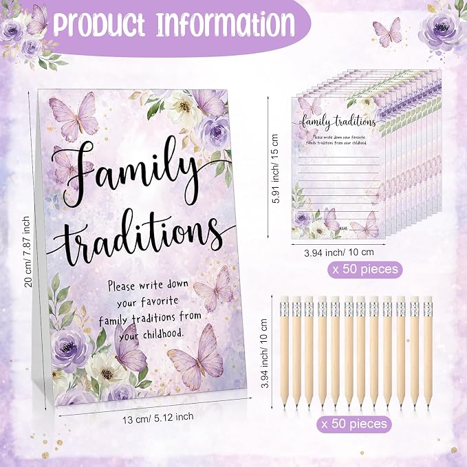 Fumete 61 Pieces Family Tradition Baby Shower Games Include 1 Family Traditions Standing Sign and 50 Activities Cards with 10 Pencils for Gender Reveal Bridal Shower Wedding(Purple,Butterfly)