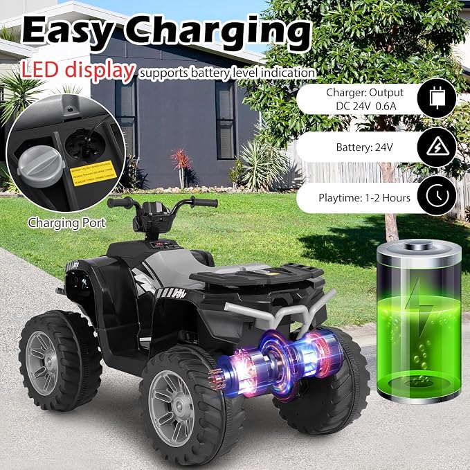 Costzon Kids ATV, 24V Four Wheeler Quad Ride on Car w/Forward/Backward, 2 Speeds, Wireless Connection, Music, Radio, LED Lights, Electric Vehicle Toddler 4 Wheeler for Kids, Boys & Girls 3-8 (Black)