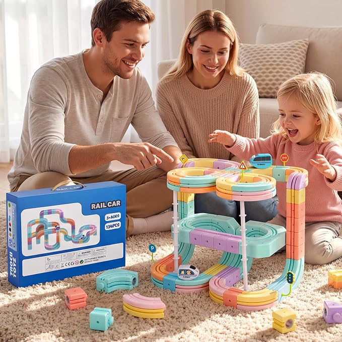Hot Bee Electric Train Set for Kids, Gravity-Defying 3D Train Track Set with 134PCS Flexible Snap-On Tracks, USB Rechargeable Motorized Car, STEM Building Toy Birthday Gifts for Boys Girls 3 4 5 6 7 8