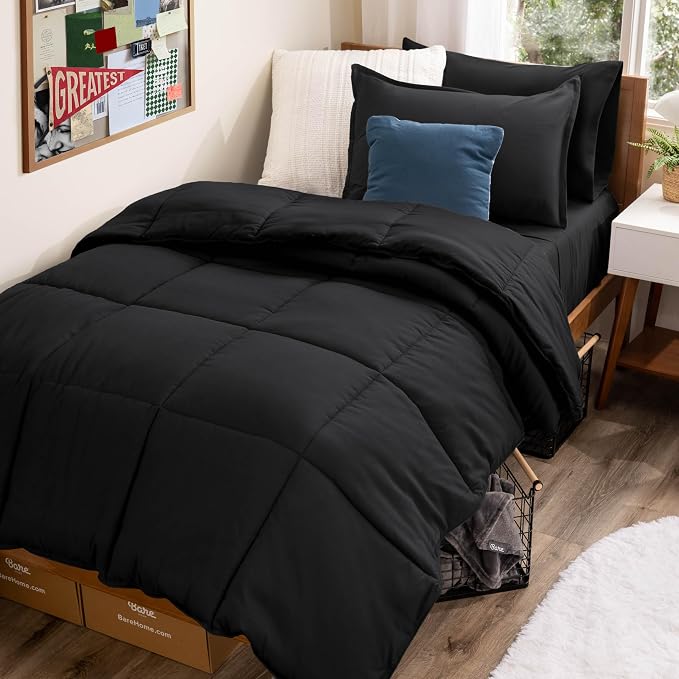 Bare Home Bed-in-A-Bag 5 Piece Comforter & Sheet Set - Twin XL - Goose Down Alternative - Ultra-Soft 1800 Premium Bed Set (Twin XL, Black/Black)