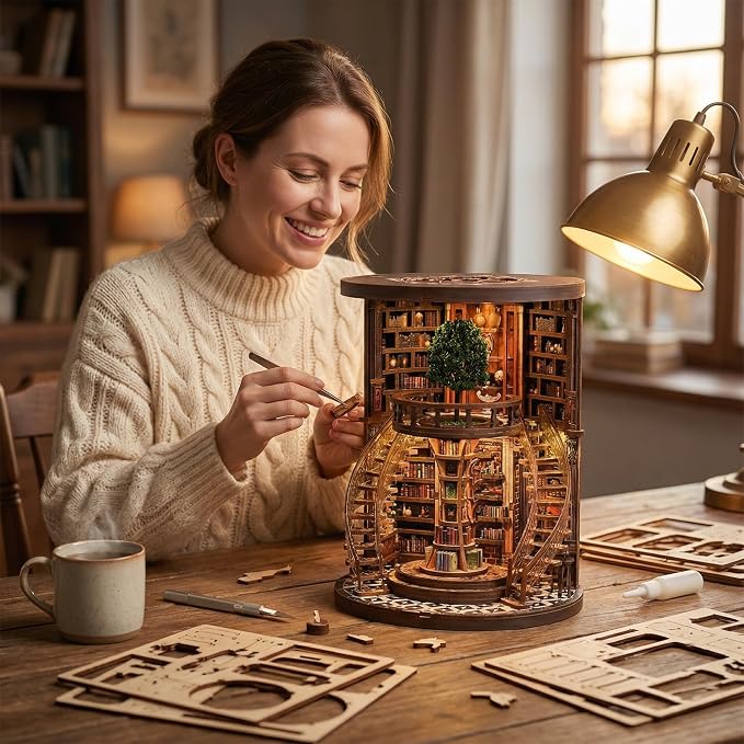 DIY Book Nook Kit for Adults, 3D Wooden Puzzle Tree of Wisdom Miniature Library Kit with Transparent Door & LED, Aesthetic Bookshelf Decor Building Gift for Men Friends (356 PCS