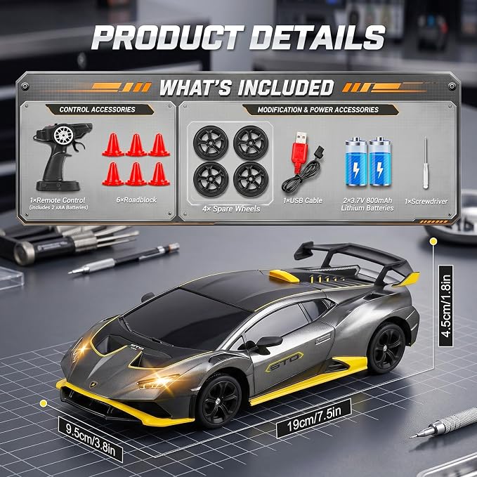 YESHIN 1：24 Lamborghini Haracan Drifting Car Gray, Lamborghini Toy Car, RC Cars for Boys Age 8-12, 2.4GHz Remote Control Car with Light