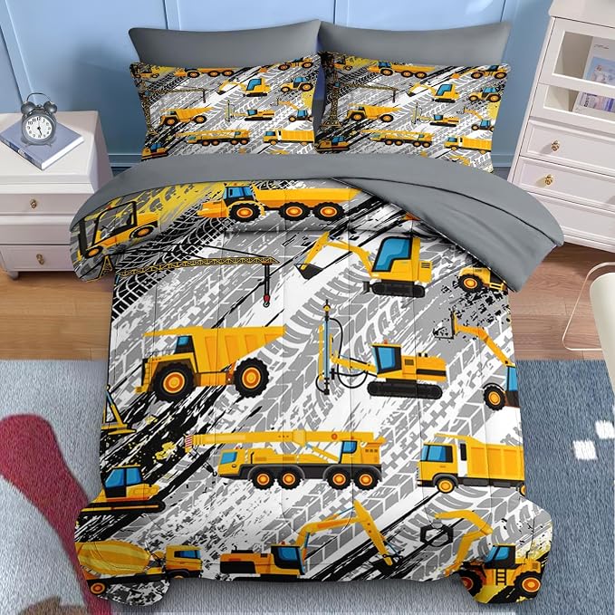 Nesker 7 Pcs Comforter Set Queen Size, Cartoon Yellow Vehicle Bedding for Kids Teen, Trucks Construction with Fitted Sheet 2 Pillowcases & 2 Shams for Bedroom Bed Decor