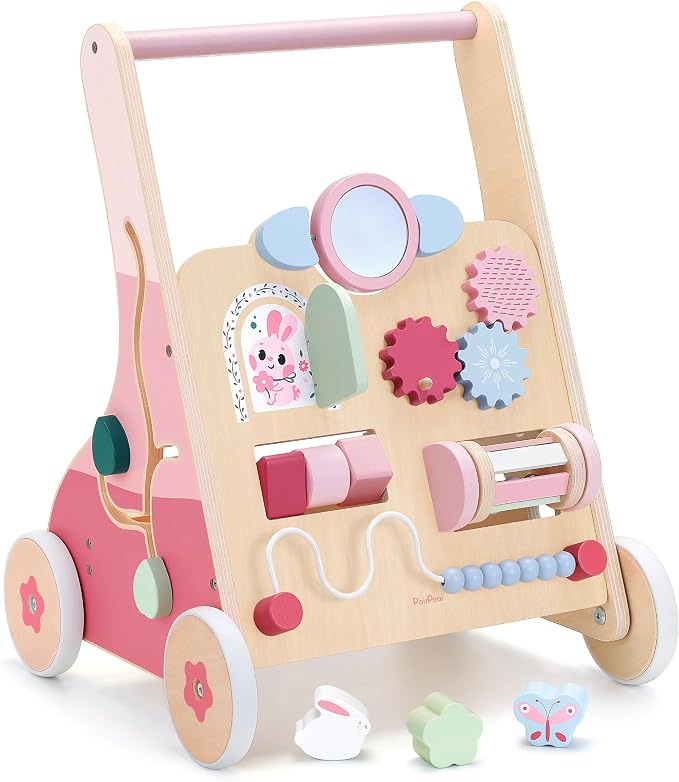 PairPear Wooden Baby Walker, Baby Push Walker Toys Activity Center | Wild - Base Montessori Walker Toys Gift for Girls Boys 1 Year Old Leaning to Walk