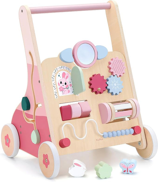 PairPear Wooden Baby Walker, Baby Push Walker Toys Activity Center | Wild - Base Montessori Walker Toys Gift for Girls Boys 1 Year Old Leaning to Walk