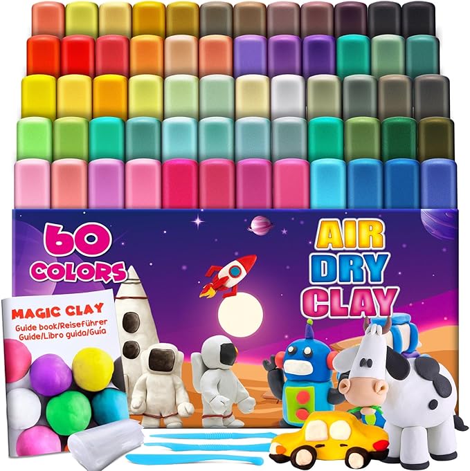 Magic Clay - Air Dry Clay 60 Colors, Modeling Clay for Kids with Tools, Soft & Ultra Light, Toys Gifts for Age 3 4 5 6 7 8+ Years Old Boys Girls Kids | Includes Tools, Soft & Ultra Light, Ages 3-8+ Years, Boys & Girls