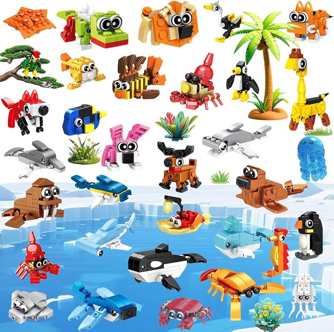 34 Packs Party Favors for Kids, Ocean Animal Building Blocks for Goodie Bags Stuffers Classroom Prizes, Valentines Day Birthday Gifts for Boys Girls Ages 6+