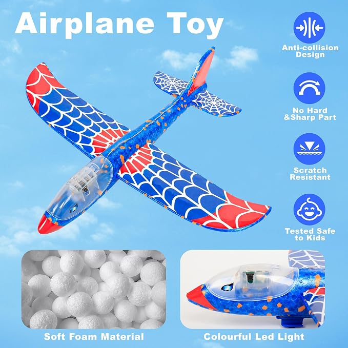 Airplane Launcher Toy for Kids, 3 Pack Spider Foam Gliders Air Planes with Led, 2 Flight Modes 3 4 5 6 7 Year Old Boys Girls Outdoor Flying Toys Outside Sport Games Birthday