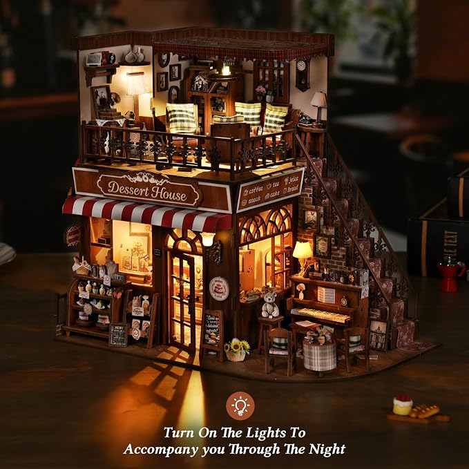 TOYQI Mini House Kit, DIY Miniature Dollhouse Book Nook Kits for Adult | 3D Wooden Puzzle Booknook with LED Light, Diorama Building Home Decor Gifts for Family Lovers
