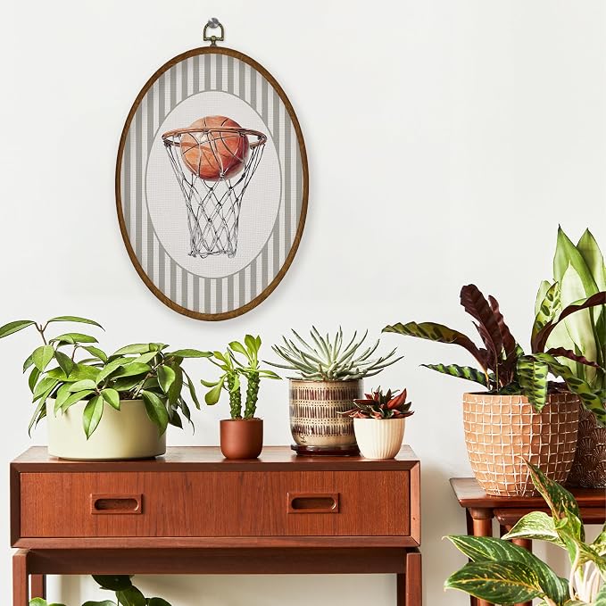 WULQYING Basketball Nursery Wall Art Decor, Sports Nursery Boys Room Oval Framed Canvas Art Prints, Neutral Striped Sport Lover Gift Wall Hanging Decor for Kids Boys Room Playroom, 8.5x11.3 Inches