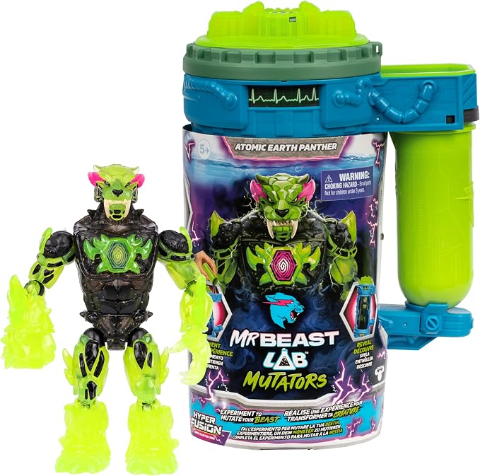 MrBeast Lab Hyper Fusion Mutators, Experiment & Create The Atomic Earth Panther, Add Mutation Fluid, Press The Fingerprint Scanner & Reveal The Panther, Over 20 Points of Articulation, Collect All 3
