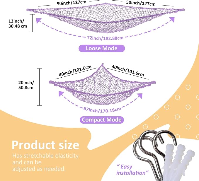 Lazebox Stuffed Animal Net Hammock for Plushie Toys, Stuffed Animal Hammock Corner for Kids' Room Decor, Ideas for Organizing Stuffy Collection, Purple, L (67" x 40" x 40")-Pack of 1