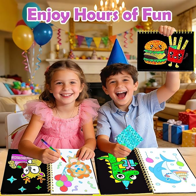 FUNNYB&G Foil Art Craft Kit for Kids 4-10 Years Old: Mess-Free & No-Glue, Create 16 Sparkly Happy Birthday Pictures – Perfect Travel Toy & Birthday Gift for Kids（Happy Birthday）