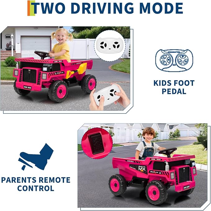 Garvee 12V Ride On Dump Truck for Kids, Ride On Car with Remote Control, Construction Vehicles with Dump Bed & Shovel, Ride-On Toys 16.5 in Spacious Seat, Music, Headlights, Soft Start, Pink
