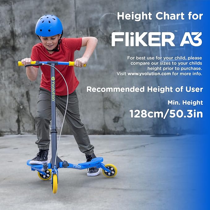 Yvolution Fliker A3 Drift Scooter, 3 Wheels Kids Wiggle Scooter, Foldable, Handbrake, Caster Wheels, for Boys and Girls Aged 7+ Years Old, Max Weight 175lbs