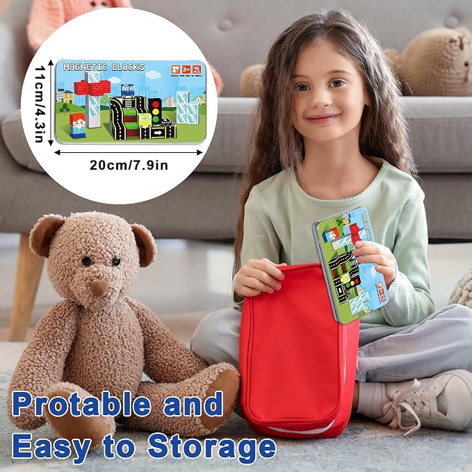 QOUBAI 45PCS Mini Magnetic Blocks Travel Toys, Magnet Building Cubes Tiles Set with Portable Iron Case, Learning Activities Gifts for Kids Toddlers Boys & Girls Ages 3-8 (Traffic Road)