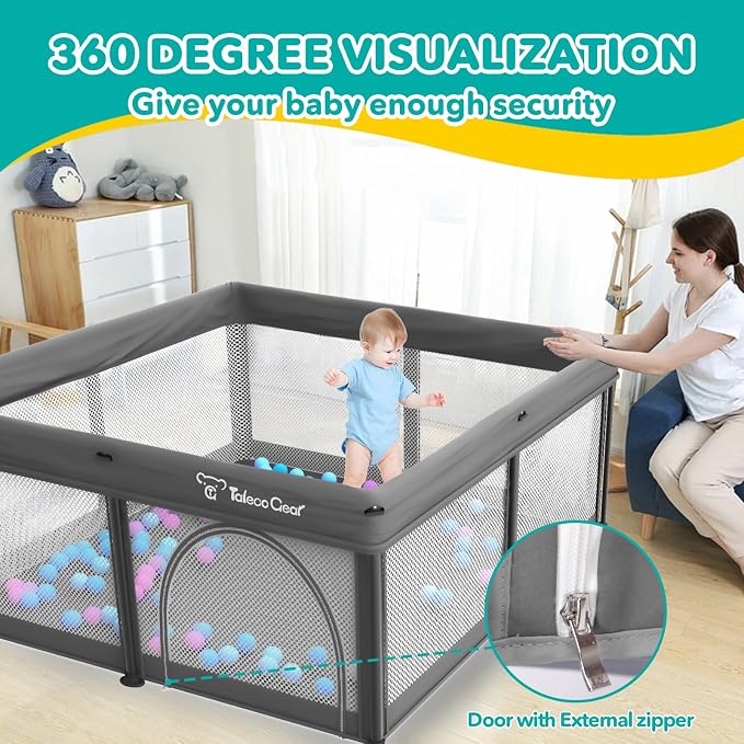 Foldable Baby Playpen for Babies and Toddlers, 50x50 Inch Portable Play Yard, Collapsible Play Pen with Mat, Visible Mesh, 50 Ocean Balls, Indoor/Outdoor Baby Fence Activity Center for Home