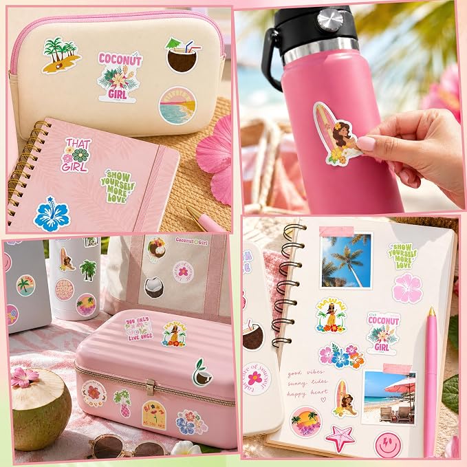 QTL Coconut Girl Stickers for Girls Teens, Summer Party Supplies, Waterproof Vinyl Stickers for Water Bottles Laptop, 60PCS