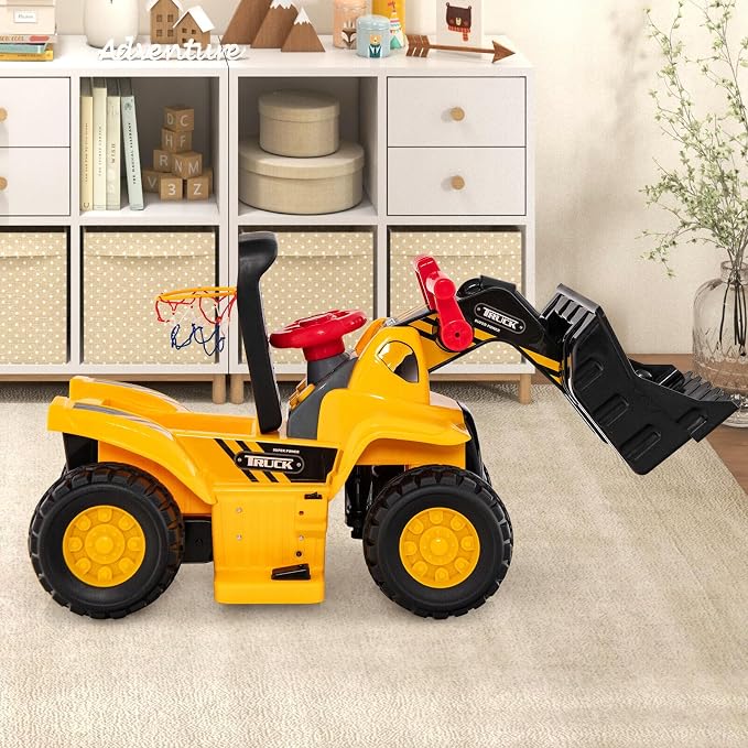 HONEY JOY Electric Ride on Push Car, 6V Toddler Bulldozer Digger w/Balls & Basketball Hoop, Outdoor Digging Scoop, Flexible Bucket, Ride on Excavator Construction Vehicle for Kids
