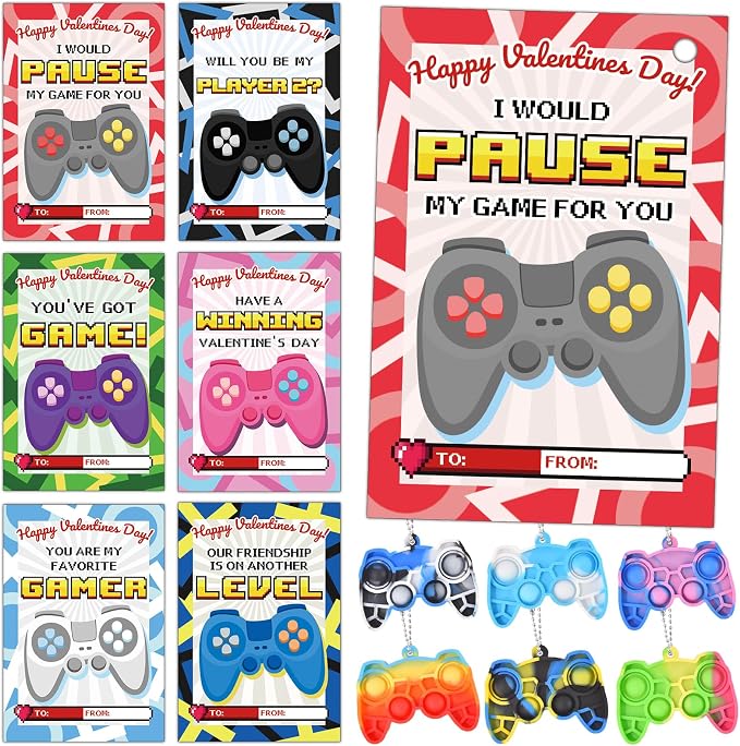 Ohjijinn 24 Packs Valentines Day Gifts for Kids, Mini Pop Fidget Keychain Valentines Day Gifts for Kids Classroom, Game Valentines Day Cards for Boys Girls School Classroom Exchange Gifts Party Favor