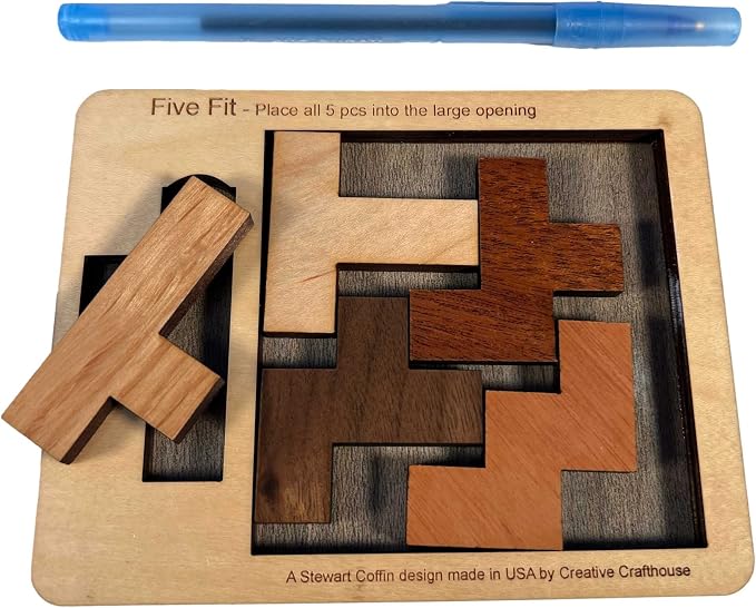 Creative Crafthouse Five Fit Small Stewart Coffin Wood Packing Puzzle, Hard | Slot every piece into one tray for a deceptively tough solve. A desk display and gift for serious solvers, made in USA