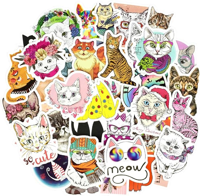QTL Cat Stickers for Kids Cat Party Supplies Waterproof Vinyl Stickers for Water Bottle Laptop Stuff Gifts 50Pcs