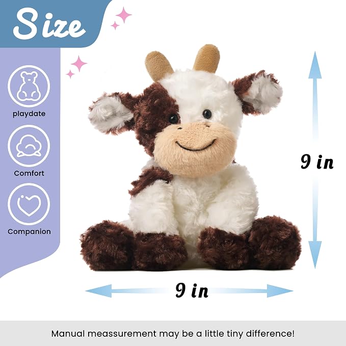 Hopearl Adorable Plush Cow Toy Floppy Dairy Cattle Soft Stuffed Animal Cute Birthday Holiday Gift for Boys Girls Kids Toddlers, Brown, 9''