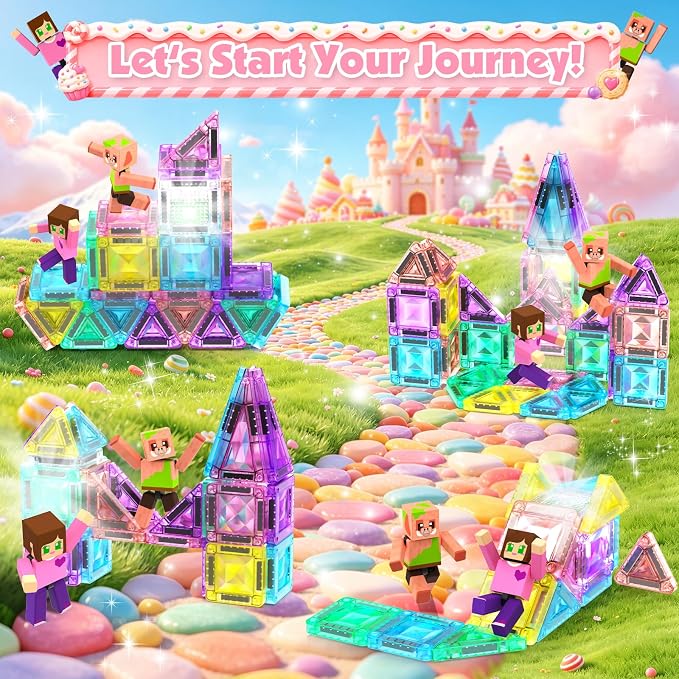 Mini Magnetic Tiles with 2 Little Action People, Light Up Travel Tiles with Magnetic Action Figures for Princess Castle, Micro Magnet Portable Toys for Kids, STEM Building Set Girl Boy Birthday Gift