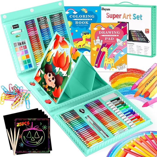 iBayam Art Supplies for Adult, Art Set Case with Trifold Easel, Scratch Paper, Sketch Pad, Coloring Book, Crayons, Pencils, Oil Pastels, Watercolors, Sharpener