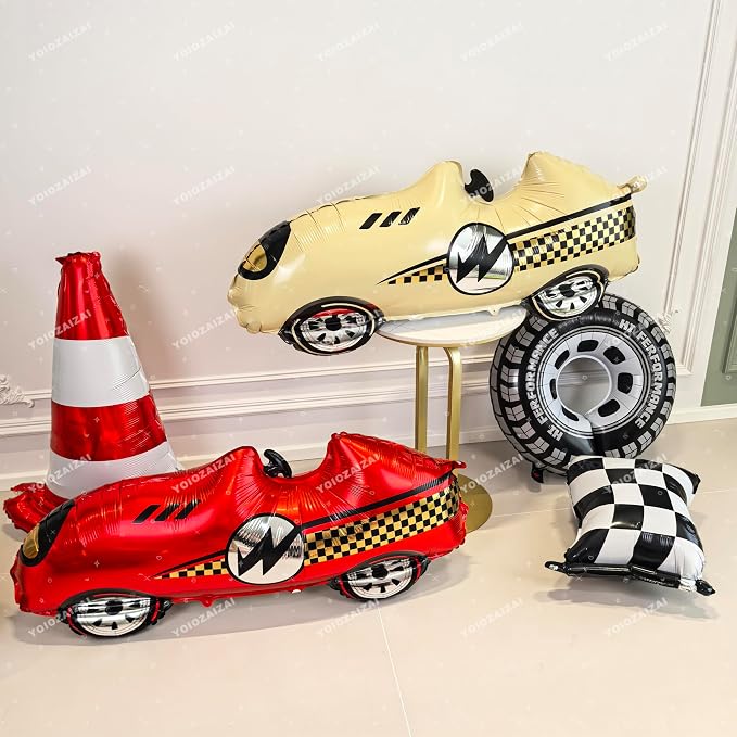 2PCS Race Car Tire Foil Balloon Standing Red Yellow Traffic Race Balloon | For Traffic Jam Race Themed Birthday Baby Shower Party Decorations Supplies