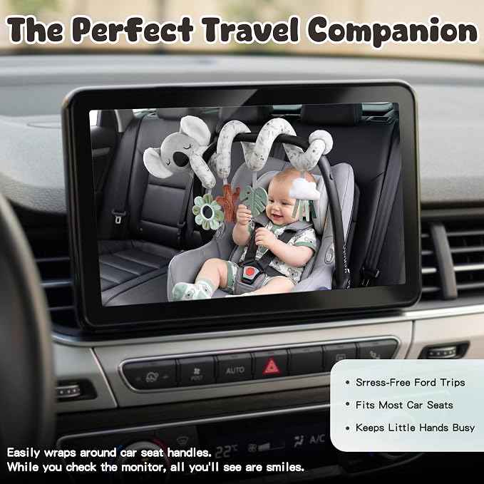 Stuffed Aesthetic Koala Spiral Car Seat Toys for Babies, Gender Neutral Infant Stroller Toy with Teether Hanging, Baby Registry Search Must Haves 0-6 Months