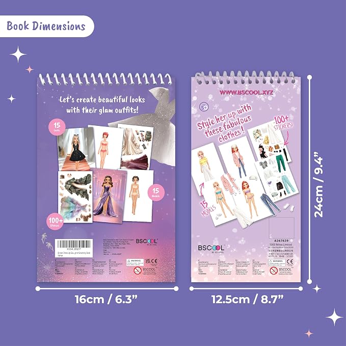 BSCOOL Fashion Runway & Sticker Dress Up Activity Book 2-Pack for Girls Ages 5+ – 200+ Stickers – Paper Doll Fashion Design Books – Creative Birthday Gift for Kids