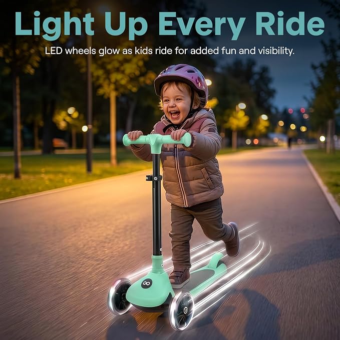 SereneLife Toddler Scooter, Adjustable Micro Scooter for Ages 2-5, Lightweight Kids 3 Wheel Design with LED Light-Up Wheels, Anti-Slip Deck & Lean-to-Steer Control, Indoor/Outdoor Use (Mint Green)