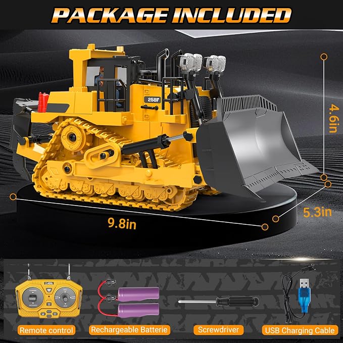 RC Bulldozer Toy for Boys, Remote Control Play Bulldozer Construction Vehicles, 9CH 2.4Ghz Track Type Tractor Dozer with Metal Blade & Light, Truck Toys for Kids 3-12 Year Old Christmas Birthday Gifts