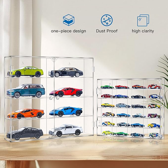 JUESHA Acrylic Display Case for 1/24 Scale Diecast Storage, 4 Levels 8 Slots Toy Cars Showcase Wall Mount Or Desktop, Clear Display Organizer for Nascar Diecast Model Car Tabletop
