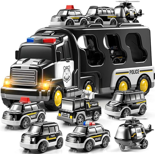 JUKUDAHU Police Truck Toy for 3-9 Years Old Boys & Girls - 7 in 1 Black Carrier Vehicle Set with 5 Toy Cars & 1 Helicopter, Friction Powered Car for Kids Age 1-3, Birthday Gifts for Toddlers 3-5