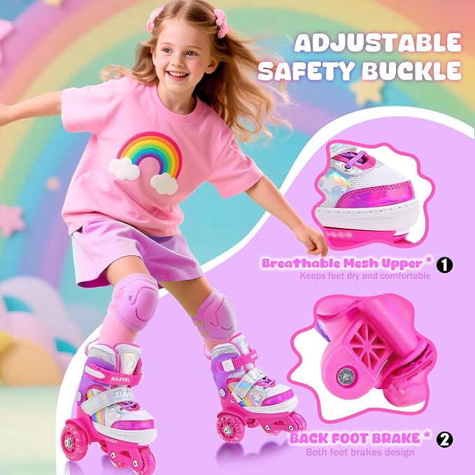 SULIFEEL Rainbow Unicorn 4 Size Adjustable Roller Skates for Girls Boys for Kids Ages 3-5 5-8 6-12 Children Skates Indoor Outdoor