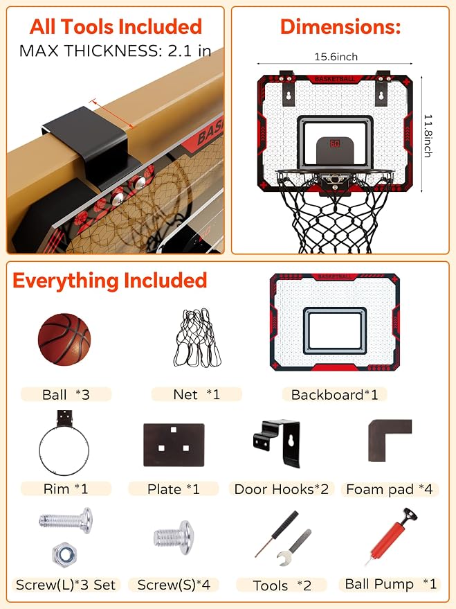 BATURU Over The Door Basketball Hoop for Kids – Indoor Basketball Toy with LED Scoreboard, Lights & Sound, Easy to Hang – Fun Gifts for Boys Ages 6–10