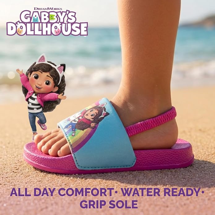Josmo Gabbys Dollhouse Hello Kitty Slides Open Toe Sandals with Backstrap - Kid Girls Summer Beach Water Pool Shoes (sizes: 5-10 Toddlers / 11-12 Little Kids)